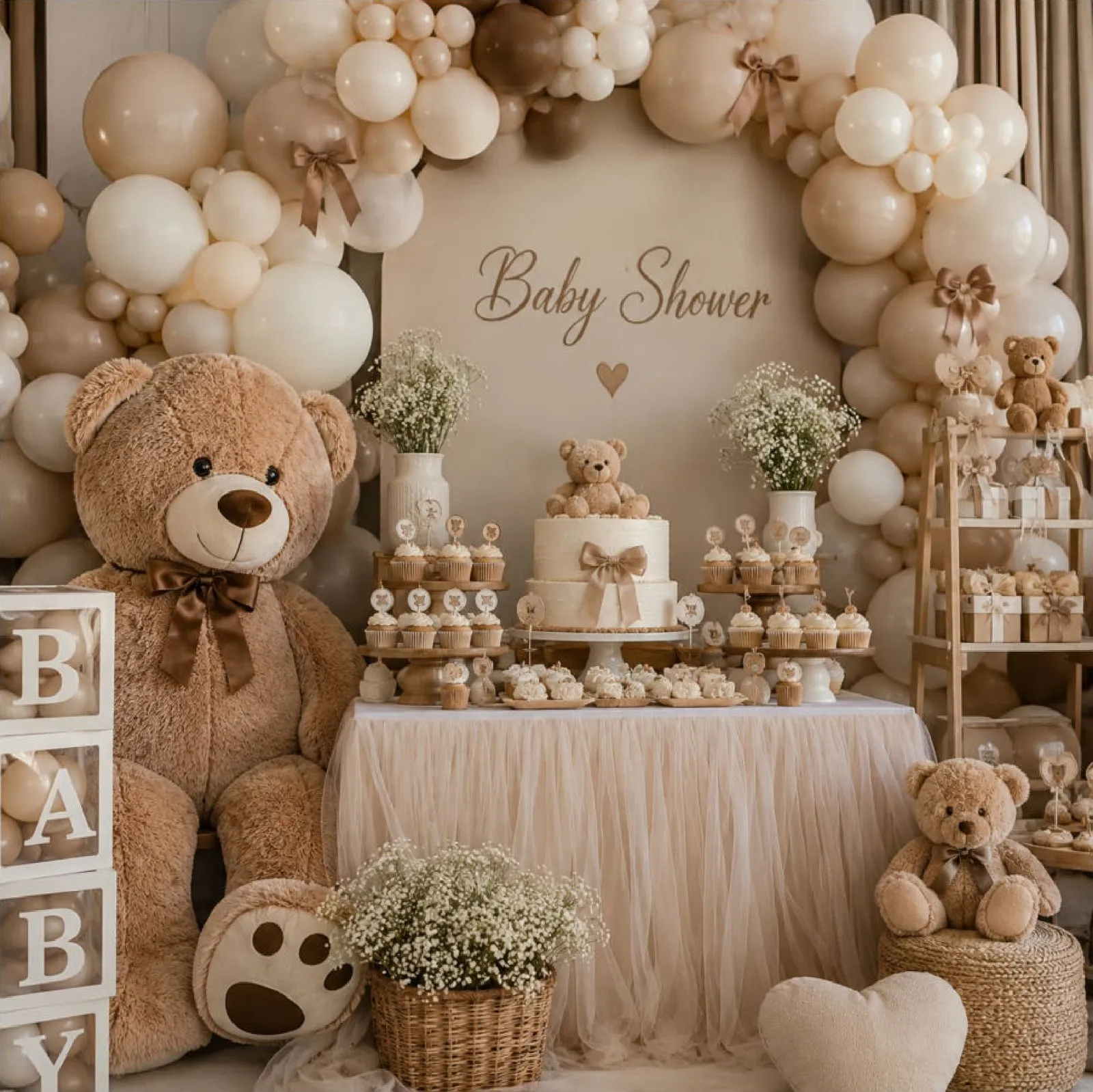 Allestimento baby shower a tema Teddy Bear con palloncini e torta