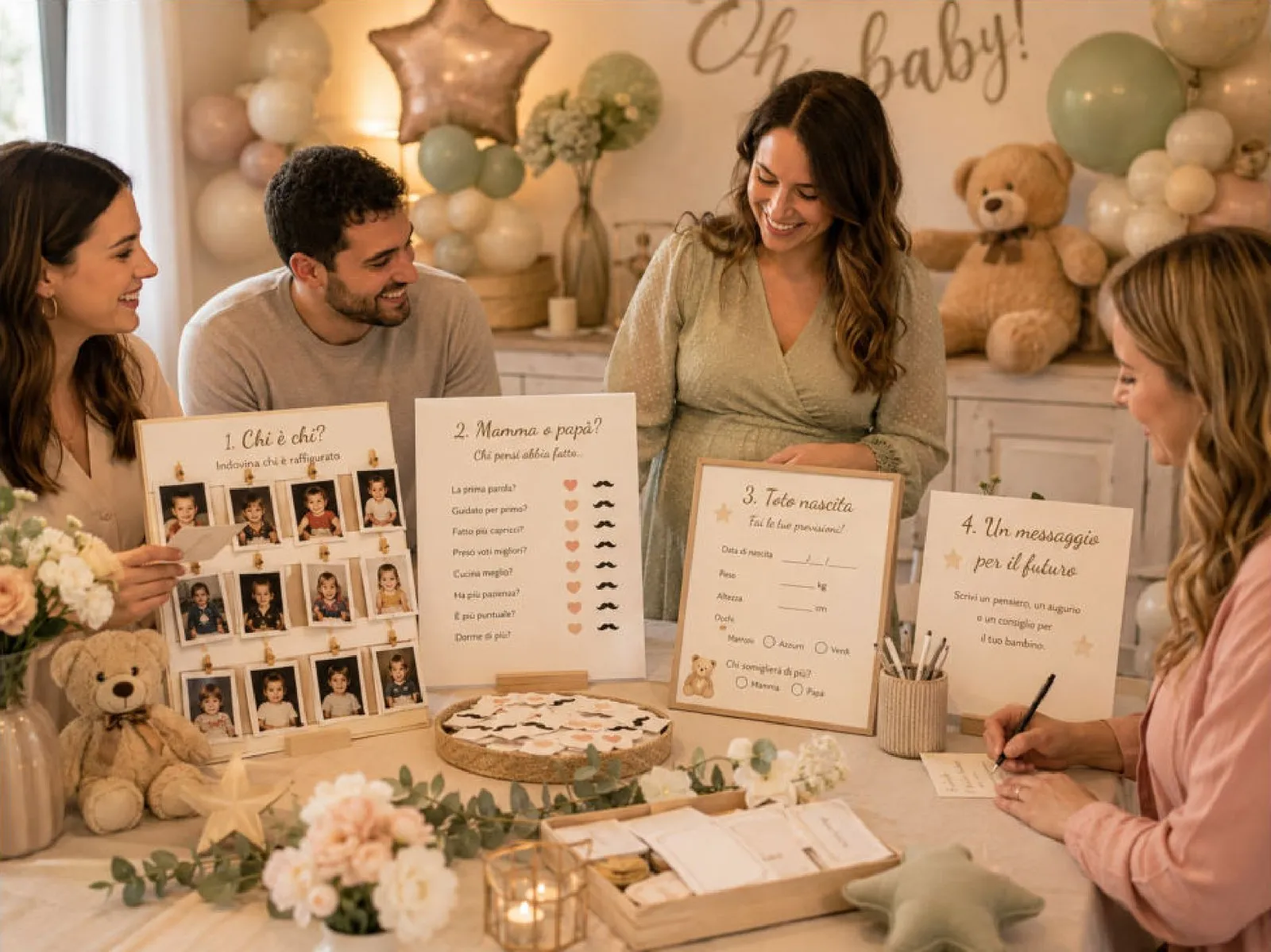 Giochi per il baby shower: Chi è chi?, Mamma o papà?, Toto nascita e messaggi per il futuro