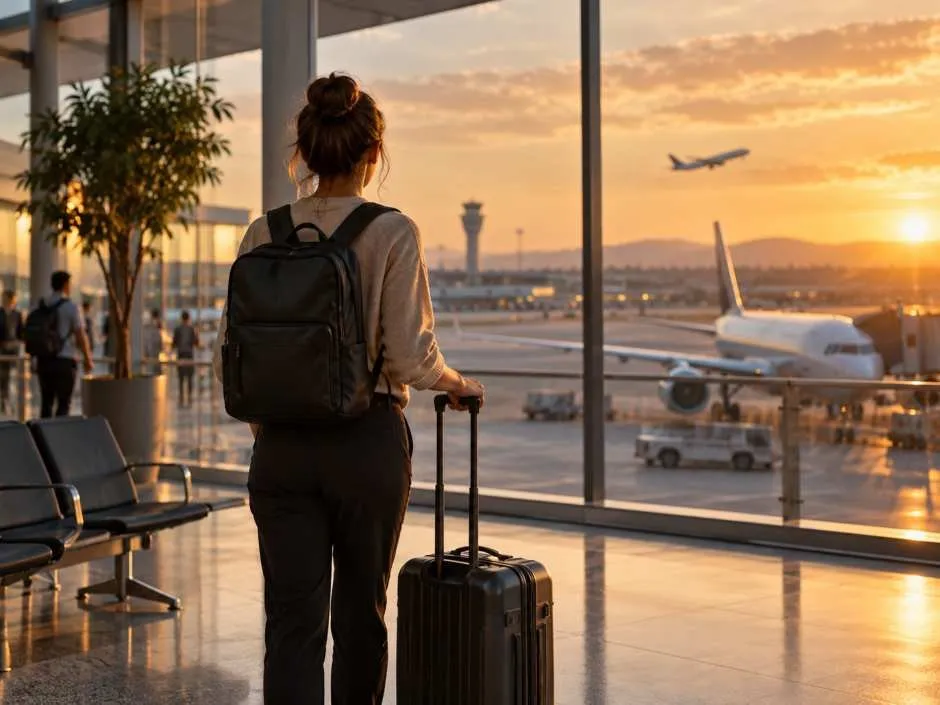 Viaggiatrice in aeroporto con zaino e trolley
